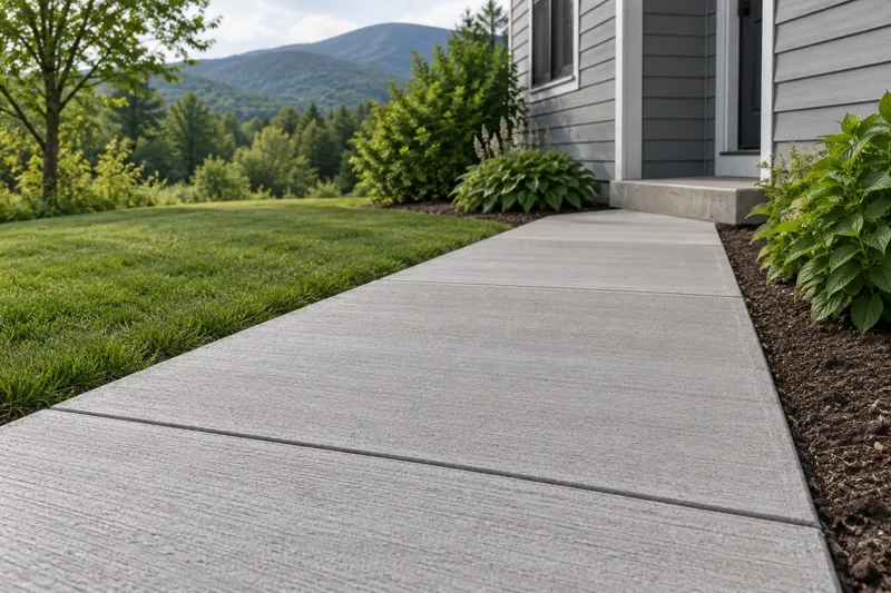 Synthetic illustration of a broom-finished concrete walkway beside a house
