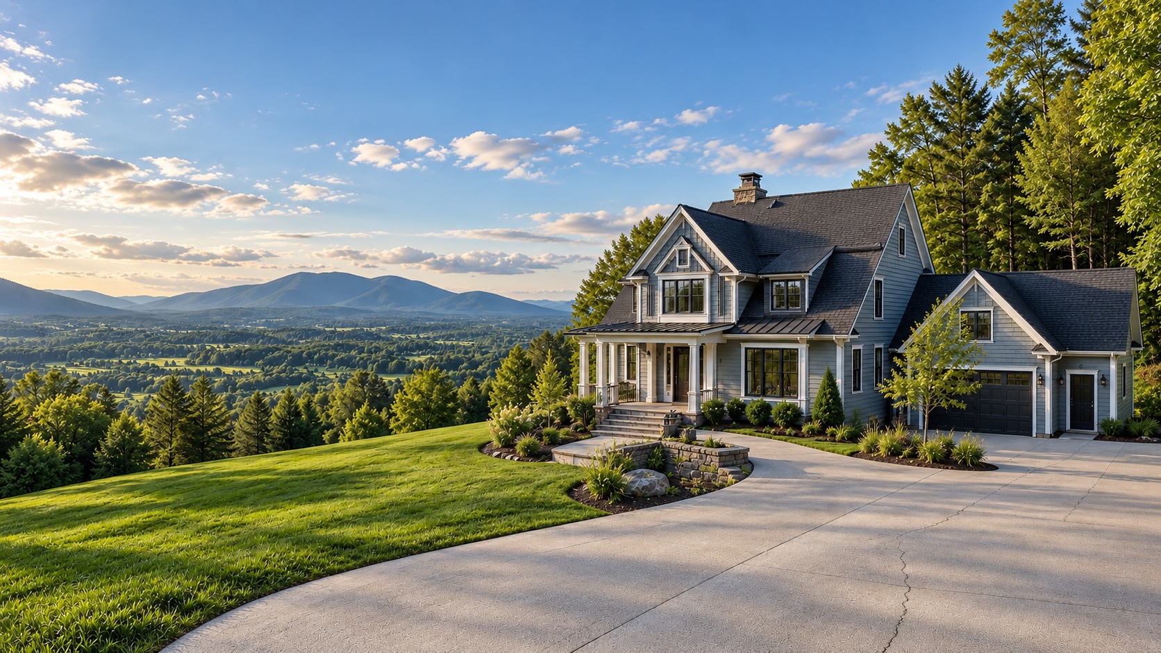 Synthetic architectural illustration of a gray house, driveway and mountain landscape